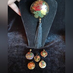 Lot of 5 CLOISONNÉ round Pendants including Large Tassel Piece Floral Fish